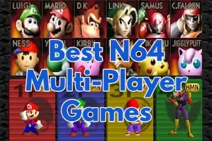 Best N64 Multiplayer Games featuring character lineup from Super Smash Bros. including Mario, Link, Samus, and Pikachu.